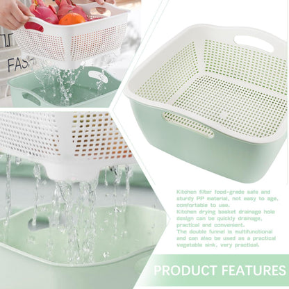 Double Layer Draining Basket,Plastic Fruit Vegetable Wash Rack Cyan