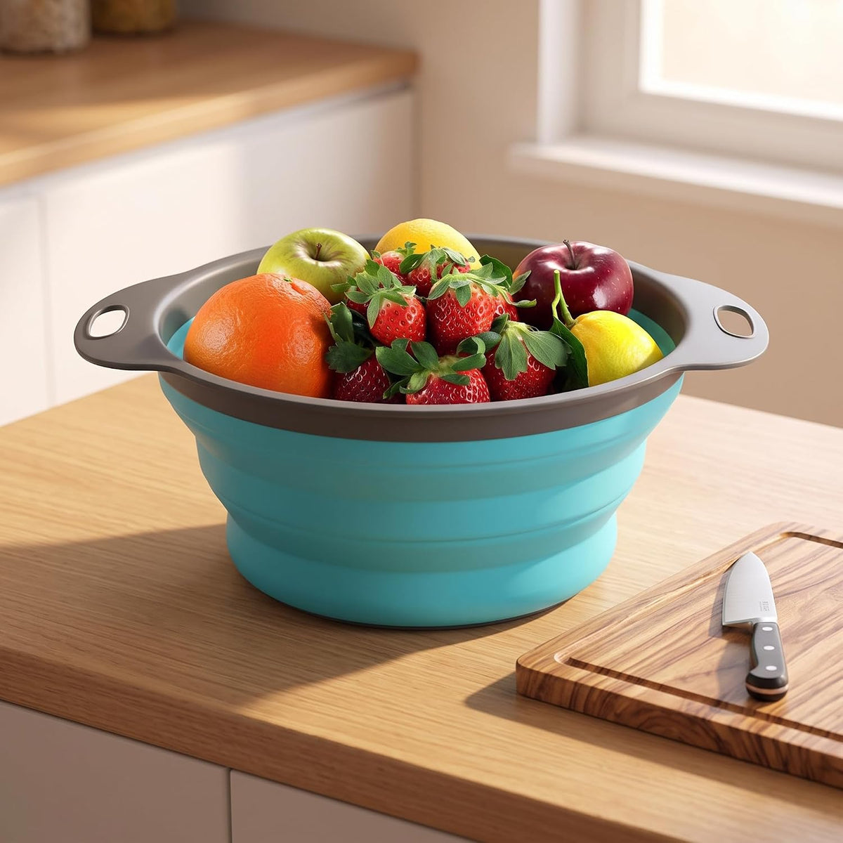 Qimh Collapsible Colander Set of 3 Round Silicone Kitchen Strainer Set - 2 pcs 4 Quart and 1 pcs 2 Quart- Perfect for Draining Pasta, Vegetable and fruit (green,blue, purple)