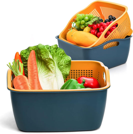 Jucoan 2 Pack 9 & 8 Quart Large Kitchen Strainer Colander Bowl Set, Double-Layer Plastic Fruits Vegetable Washing Basket, Drain Bowls for Cleaning Washing Mixing, Detachable (Blue, Orange)
