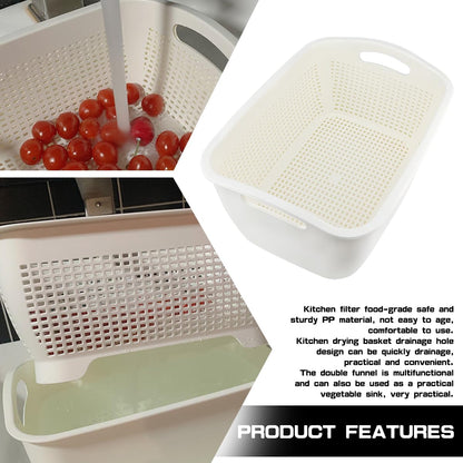 Double-Layer Plastic Fruits & Vegetable Washing Basket - Multi-Layer Stackable Sink Wash & Drain Basket for Kitchen (White Small)