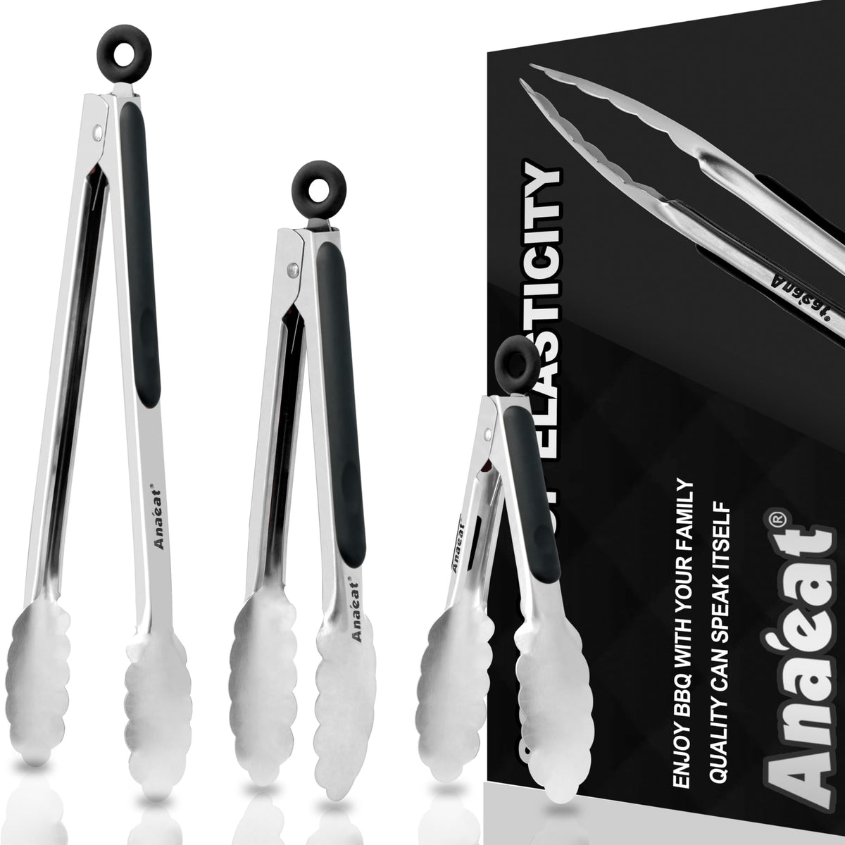 Anaeat Non-Stick Silicone Locking Tong Set of 3 - Stainless Steel 7", 9", 12" Kitchen Food Tongs with Non-Slip Silicone Tips and Grip for Cooking, Baking and BBQ - Heat Resistant up to 480°F (Black)