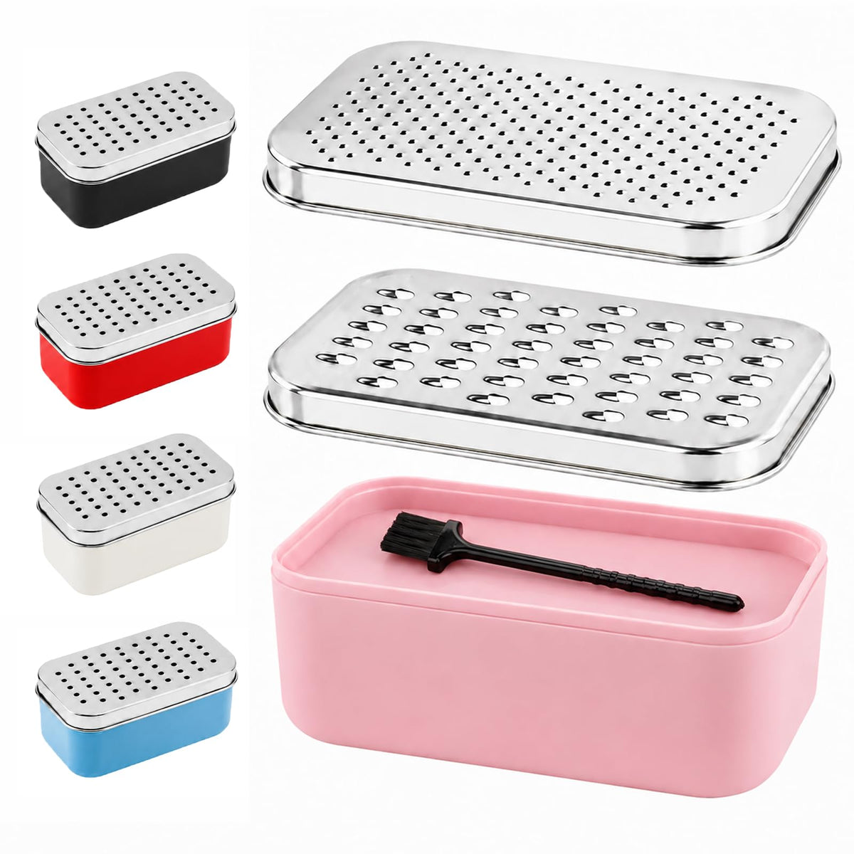 Cheese Grater with Storage Container, Box Grater Stainless Steel for Vegetables, Cheese Shredder 2 Sharp Blades for Fine & Coarse, Non-Slip Base, Lemon Zester, Includes Cleaning Brush (Blue)