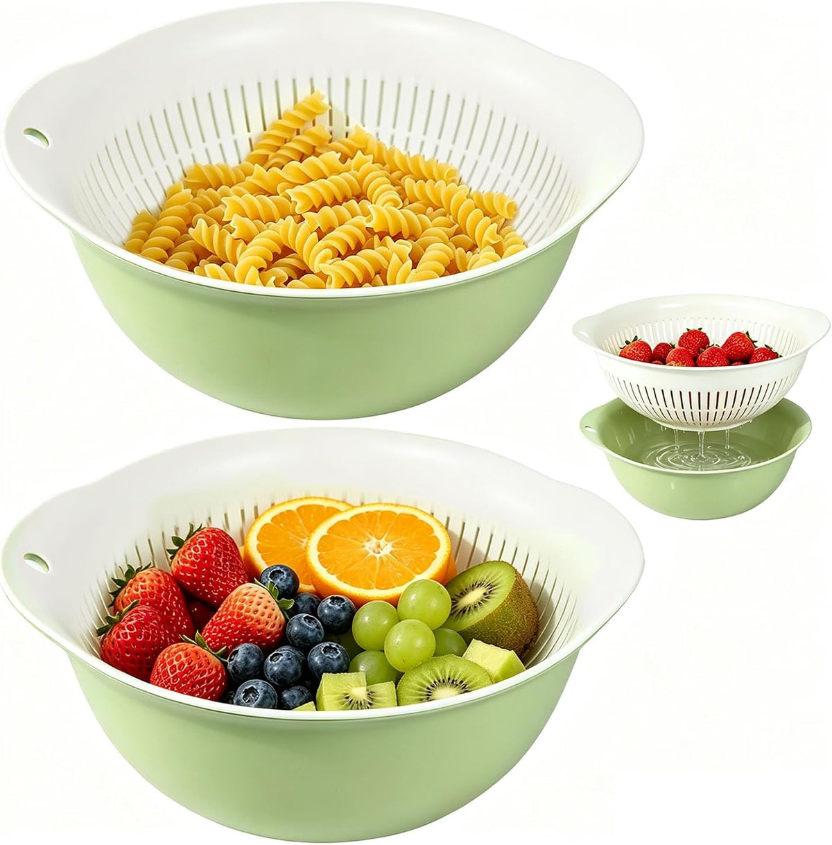Colander Bowl Set of 2, Nesting Large Capacity Plastic Food Strainer for Pasta, Vegetables and Fruits Washing Draining Basket, Space Saving, BPA Free(Green)