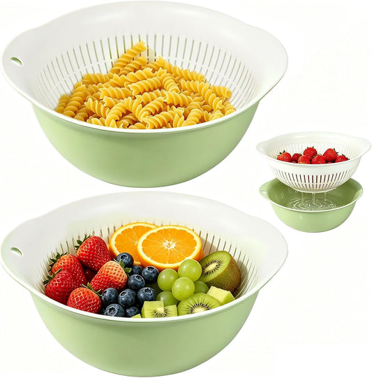 Colander Bowl Set of 2, Nesting Large Capacity Plastic Food Strainer for Pasta, Vegetables and Fruits Washing Draining Basket, Space Saving, BPA Free(Green)