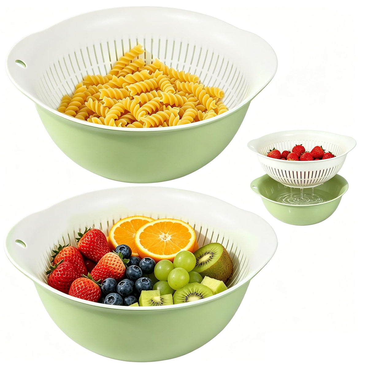 2-Piece Nesting Colander Bowl Set - Large Capacity Plastic Food Strainers for Pasta, Veggies & Fruits, Space-Saving Washing & Draining Basket (Blue)