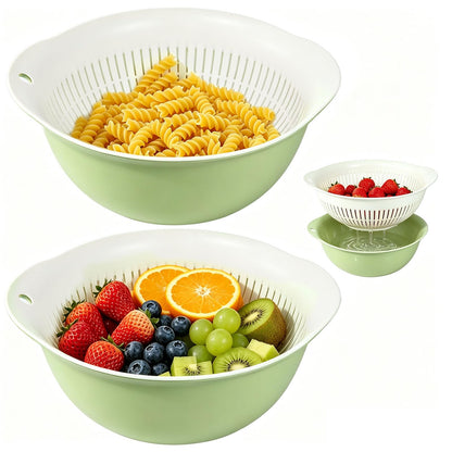 2-Piece Nesting Colander Bowl Set - Large Capacity Plastic Food Strainers for Pasta, Veggies & Fruits, Space-Saving Washing & Draining Basket (Blue)