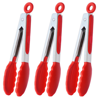 HINMAY Mini Tongs with Silicone Tips 7-Inch Serving Tongs, Set of 3 (Red Blue Green)