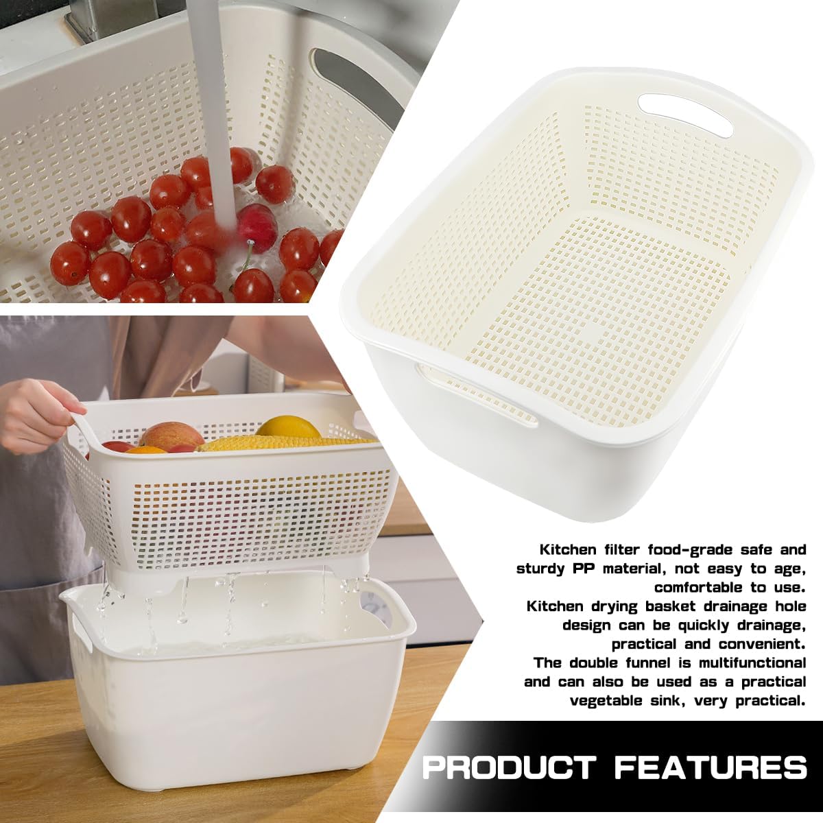 Double-layer Draining Basket Plastic Fruits Vegetable Washing Basket Food Storage Basket Multi-layer Stackable Vegetable Sinks Wash Drain Basket for Kitchen（White Large）