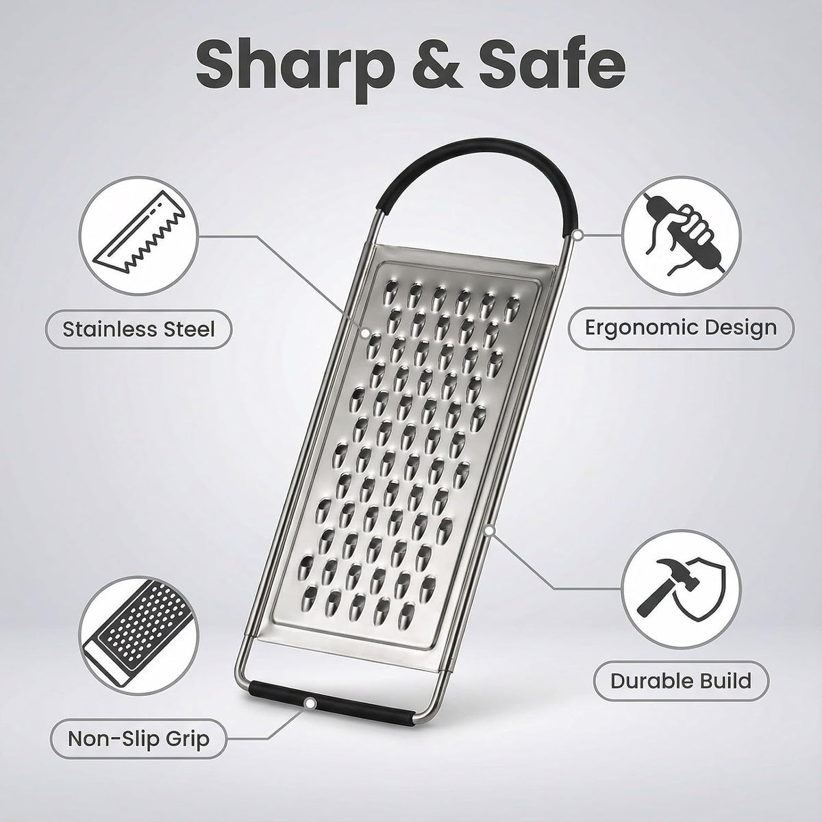 Flat Handheld Stainless Steel Cheese Grater, Non-Slip Ergonomic Handle Food Shredder, Multi Purpose Kitchen Slicer for Potato Vegetable Butter Chocolate Nuts, 1 Pack