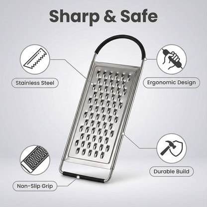 Flat Handheld Stainless Steel Cheese Grater, Non-Slip Ergonomic Handle Food Shredder, Multi Purpose Kitchen Slicer for Potato Vegetable Butter Chocolate Nuts, 1 Pack