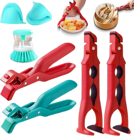 4PCS Hot Plate Grippers, Anti Scald Bowl Clip, Bowl Dish Plate Grabber Clips Tongs Clamp Holder with 2 Silicone Sleeves & 1cleaning brush, New Hot Plate Grippers Tongs for Microwave, Air Fryer & Oven