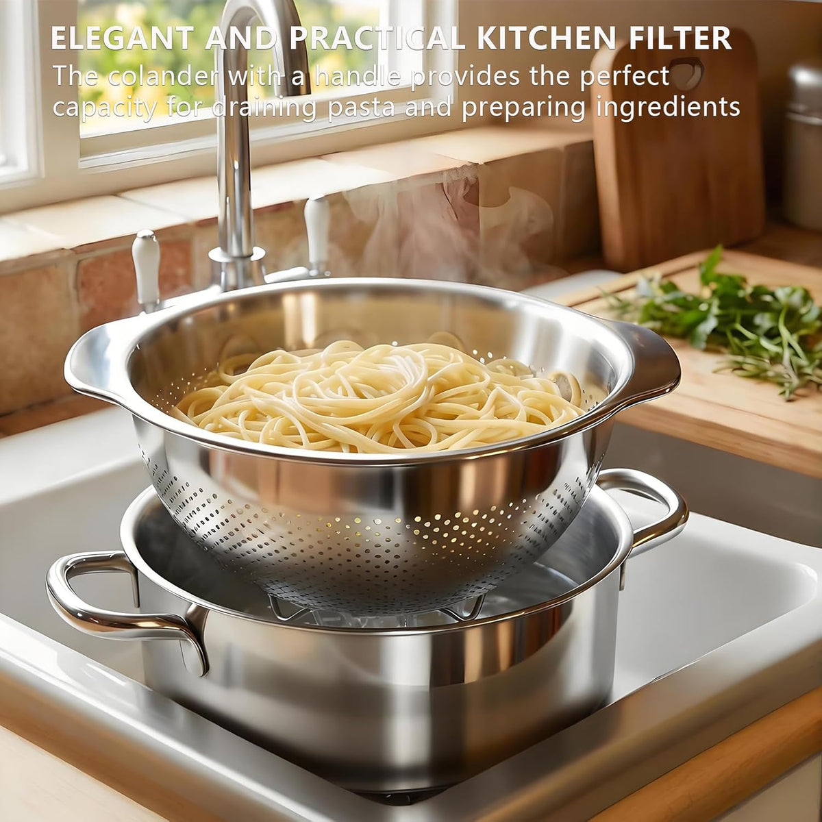 Stainless Steel Colander for Kitchen with Handle for Pasta (3QT)