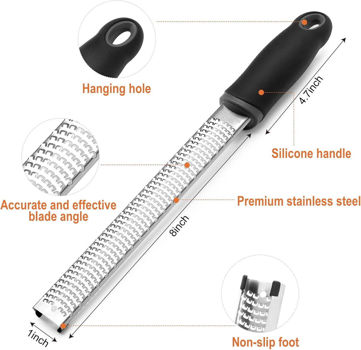 Kaishun Stainless Steel Zester Grater for Lemon, Lime & Cheese, Black