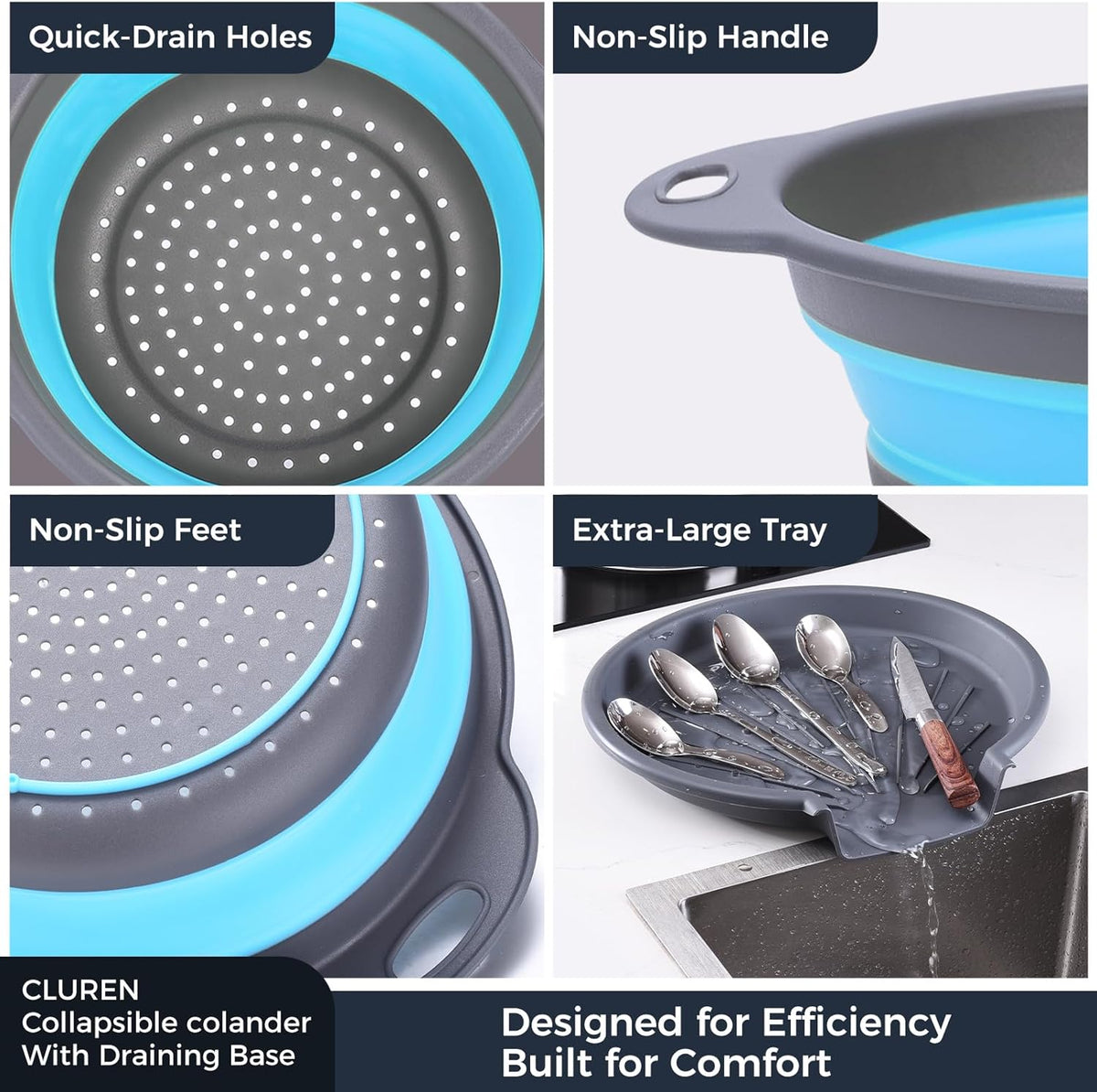 Collapsible Colander Set with Oversized Draining Tray | 3-Pack Foldable Kitchen Strainers + Base | Space Saving for Pasta, Veggies, Fruit & Rice | 5 Colors (Gray-Blue)