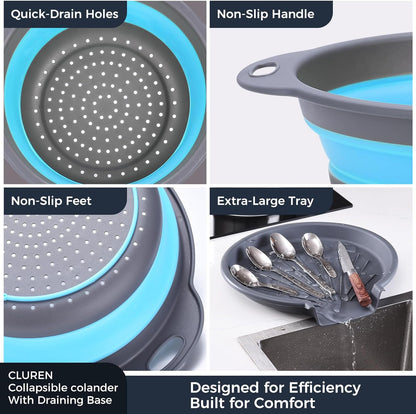 Collapsible Colander Set with Oversized Draining Tray | 3-Pack Foldable Kitchen Strainers + Base | Space Saving for Pasta, Veggies, Fruit & Rice | 5 Colors (Gray-Blue)