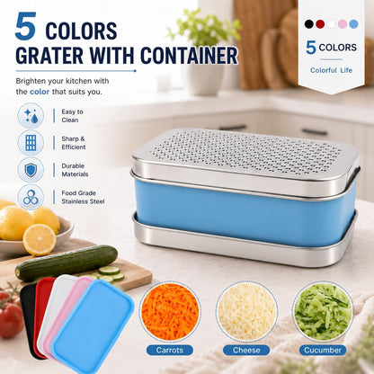 Cheese Grater with Storage Container, Box Grater Stainless Steel for Vegetables, Cheese Shredder 2 Sharp Blades for Fine & Coarse, Non-Slip Base, Lemon Zester, Includes Cleaning Brush (Blue)
