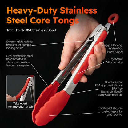 HST 3 Pack Kitchen Tongs, Non Stick Stainless Steel 9 Inch Tongs