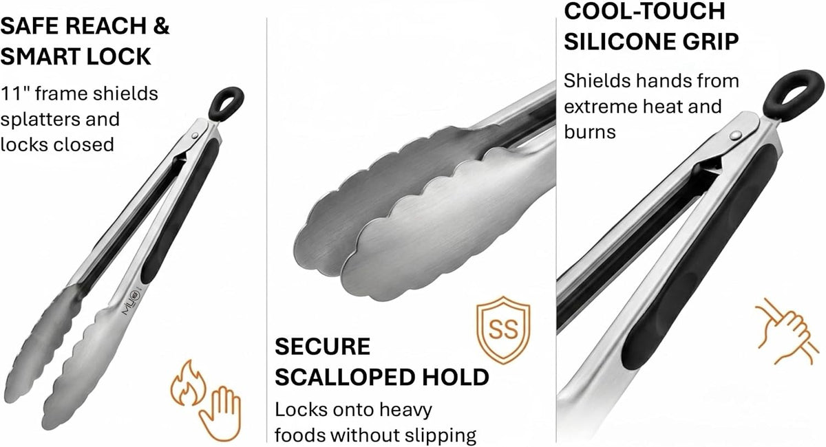 WALLFARM 11 Inch Silicone Grip Stainless Steel Kitchen Tongs