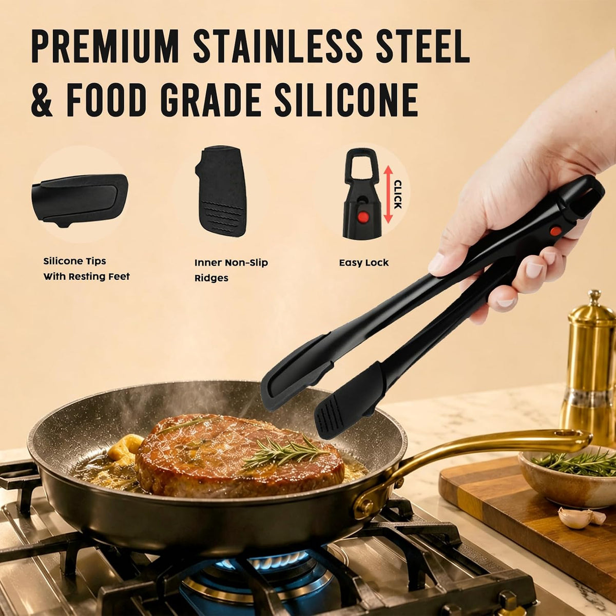 12-Inch Silicone Kitchen Tongs with Locking Handle and Non-Slip Tips, Black