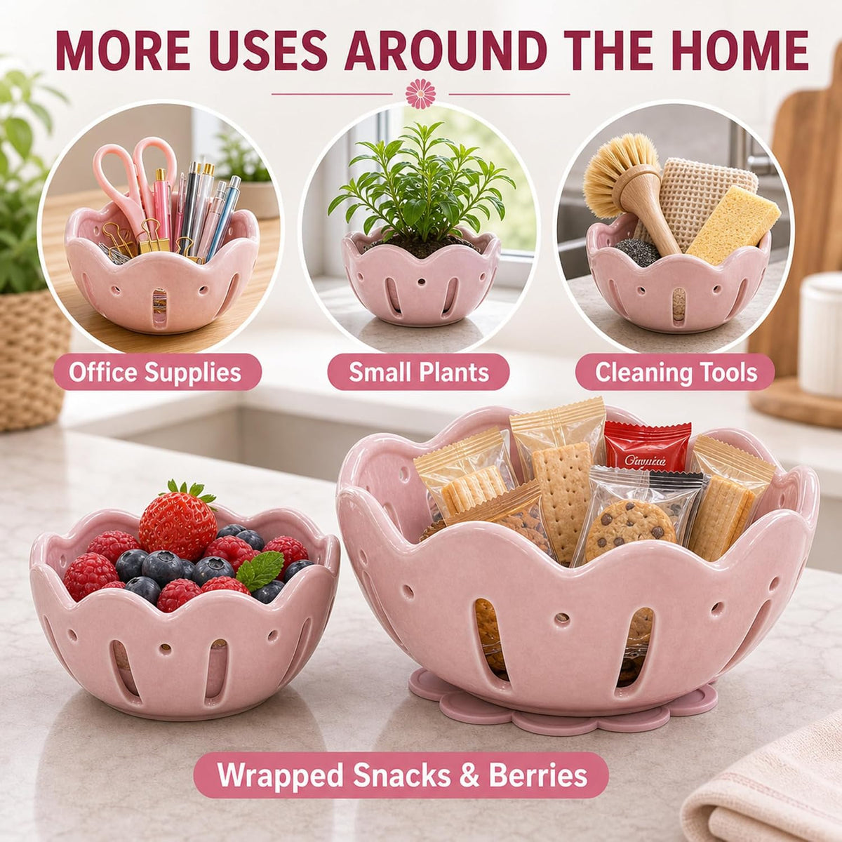 Ceramic Berry Bowls with Holes, Set of 2 Large and Small Berry Baskets with Non-Slip Flower Drip Mat, Fruit Colander for Rinsing, Draining, Serving, Kitchen Counter and Fridge Storage