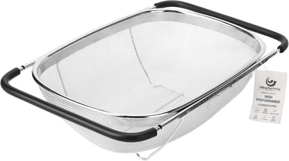 ZDRongZhen Kitchen Accessories Over the Sink Colander Strainer Basket，Stainless Steel Colander with Expandable Rubber Grip Sink Drainer-Rinse Vegetables Fruits &Strain&Drain (Large-Fine mesh)
