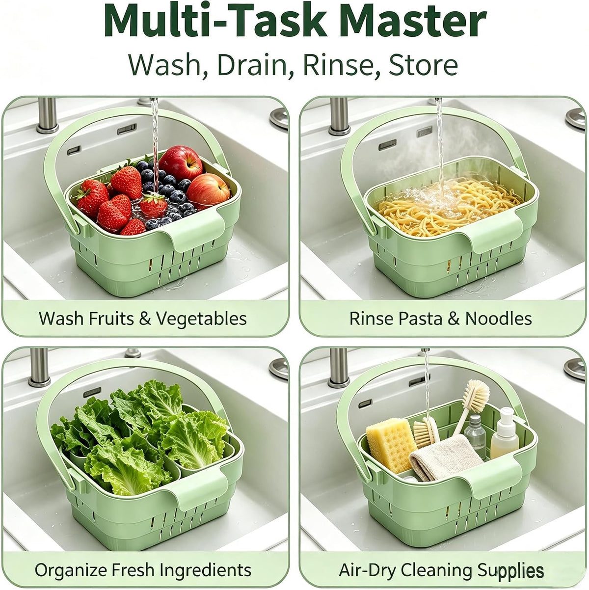 Foldable Hanging Sink Drain Basket, Stretchable Kitchen Colander with Handle, Space Saving Multi-functional Kitchen Storage Basket Draining for Food, Fruits, Vegetables, Utensils(Green)
