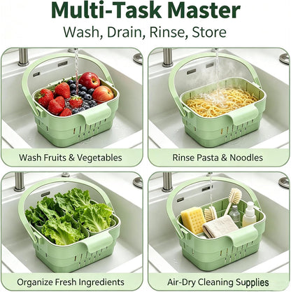 Foldable Hanging Sink Drain Basket, Stretchable Kitchen Colander with Handle, Space Saving Multi-functional Kitchen Storage Basket Draining for Food, Fruits, Vegetables, Utensils(Green)