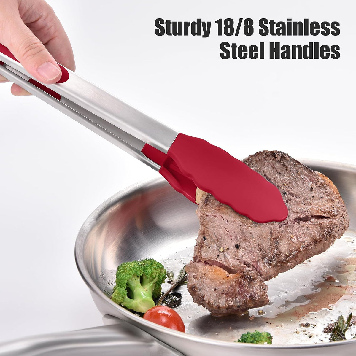 Doosu Kitchen Tongs with Silicone Tips for Cooking Serving (9+12in, Red)