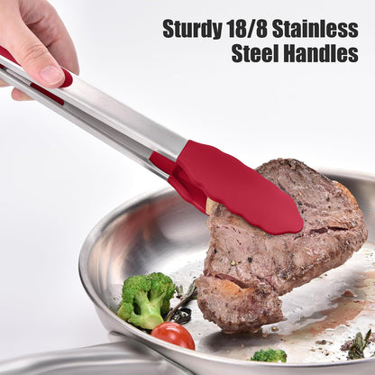 Doosu Kitchen Tongs with Silicone Tips for Cooking Serving (9+12in, Red)