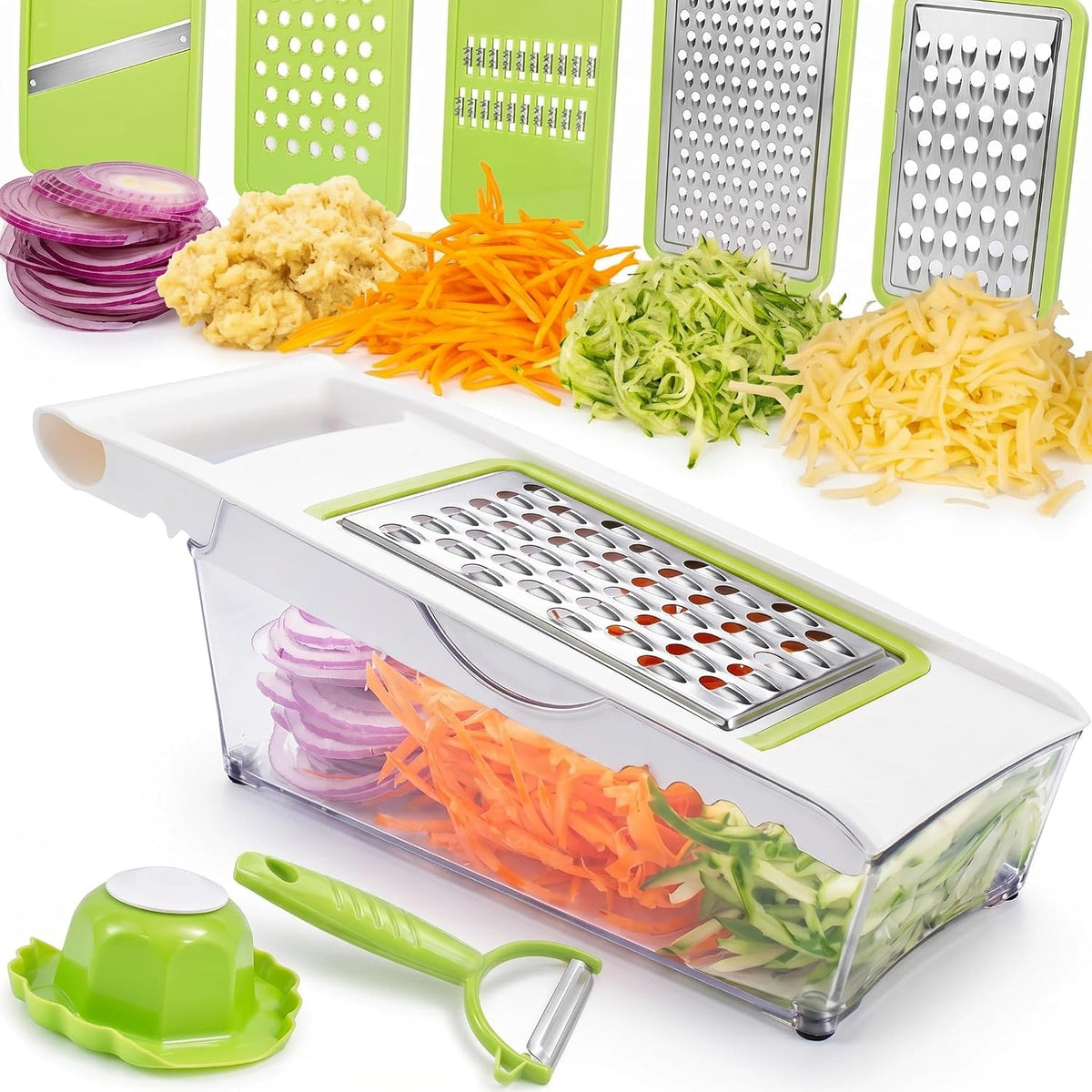 NACOLUS Cheese Grater with Container,5 In 1 Mandoline Slicer for Kitchen,Multi Purpose Vegetable Slicer, Easy to Clean Vegetable Chopper,Cheese Shredder,Julienne Slicer and Peeler