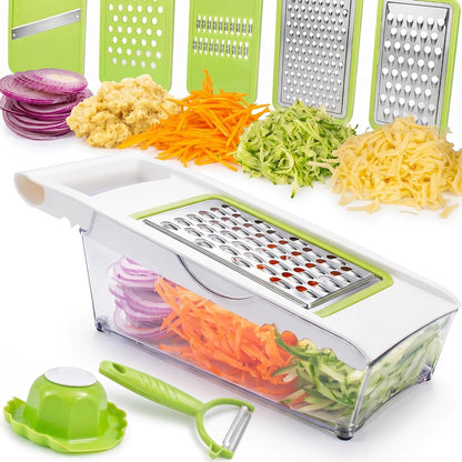 NACOLUS Cheese Grater with Container,5 In 1 Mandoline Slicer for Kitchen,Multi Purpose Vegetable Slicer, Easy to Clean Vegetable Chopper,Cheese Shredder,Julienne Slicer and Peeler
