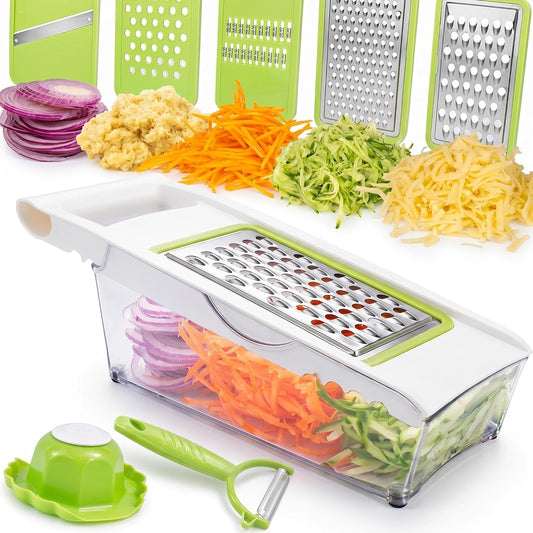NACOLUS Cheese Grater with Container,5 In 1 Mandoline Slicer for Kitchen,Multi Purpose Vegetable Slicer, Easy to Clean Vegetable Chopper,Cheese Shredder,Julienne Slicer and Peeler