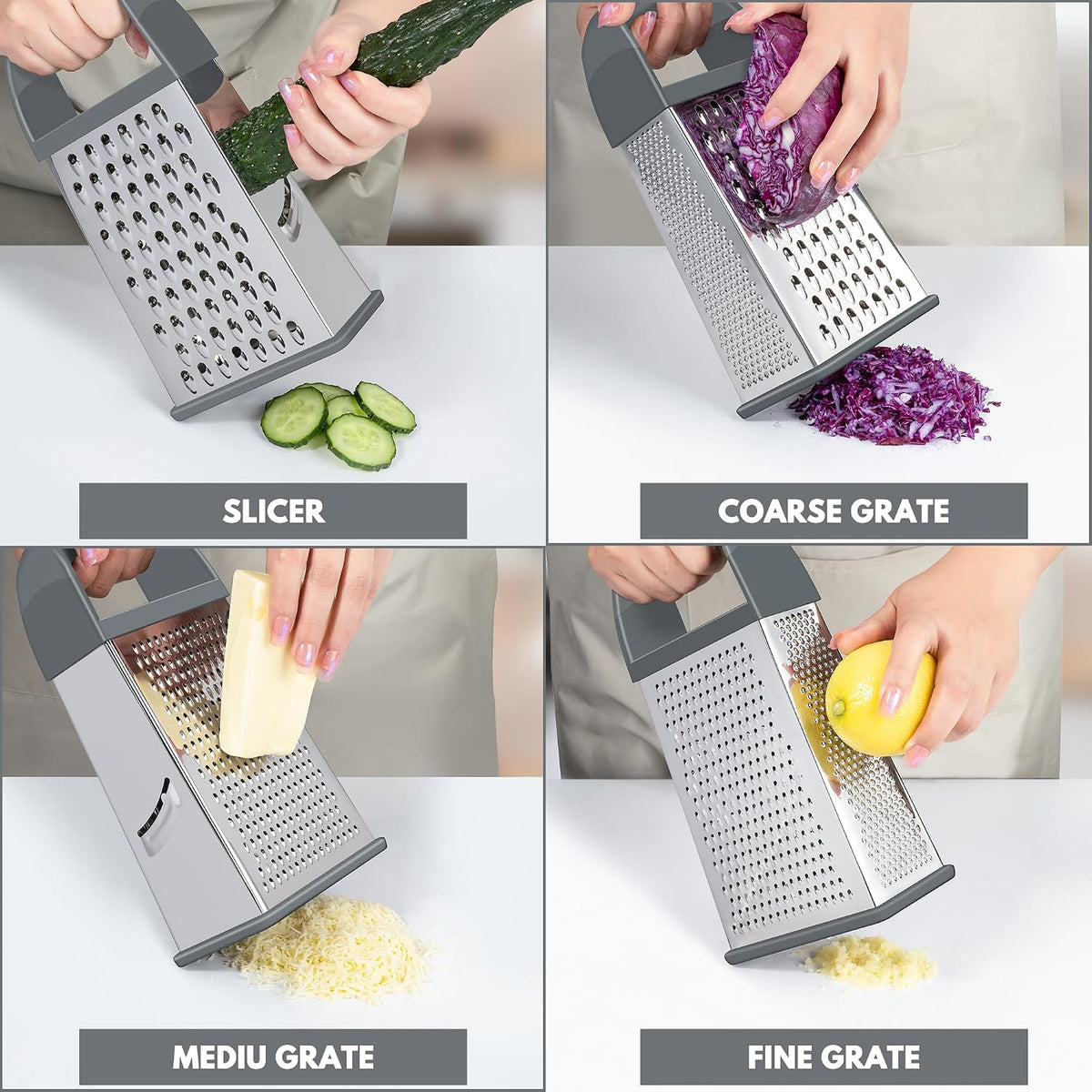 Cheese Grater With Container Box Grater Stainless Steel Kitchen Grey