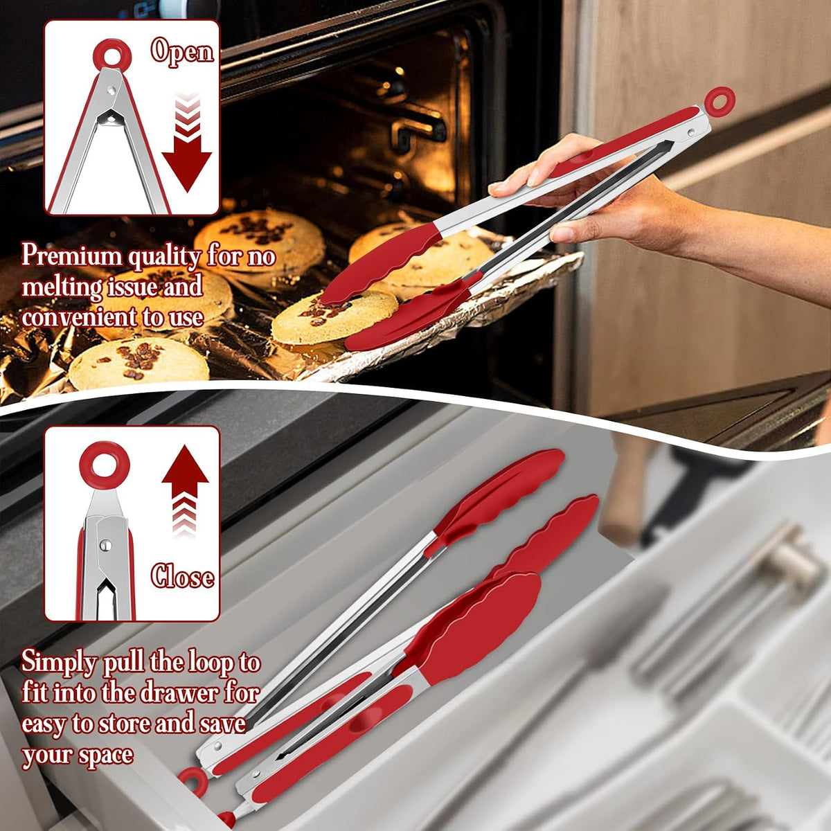 TeamFar Kitchen Tongs, 9"&12" Stainless Steel Heat Resistant Cooking Tongs