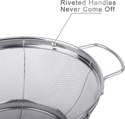 3 Pack 18/8 Stainless Steel Colander Sieves(5-Quart, 4-Quart and 3-Quart), Mesh Strainer Net Baskets with Handles & Resting Base for Strain, Drain, Rinse or Steam