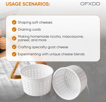Cheese Mold for Cheese Making, Set of 2 Ricotta Baskets for Cheese Making, Round Cheese Molds Basket, Draining Strainer for Fresh, Soft, Feta, and Ricotta Cheese