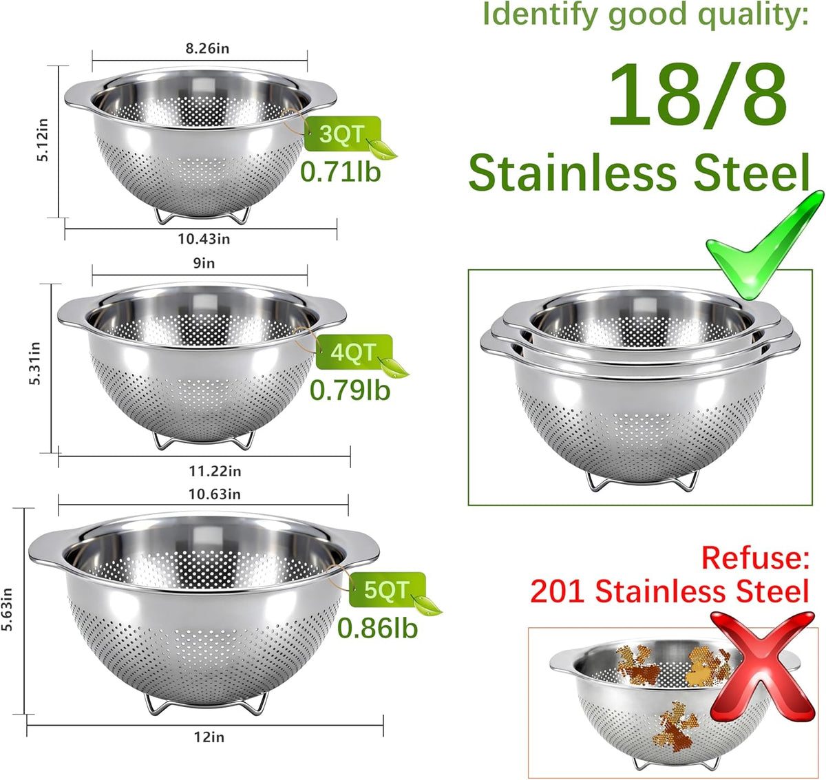 Stainless Steel Colander for Kitchen with Handle for Pasta (3QT)