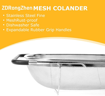 ZDRongZhen Kitchen Accessories Over the Sink Colander Strainer Basket，Stainless Steel Colander with Expandable Rubber Grip Sink Drainer-Rinse Vegetables Fruits &Strain&Drain (Large-Fine mesh)