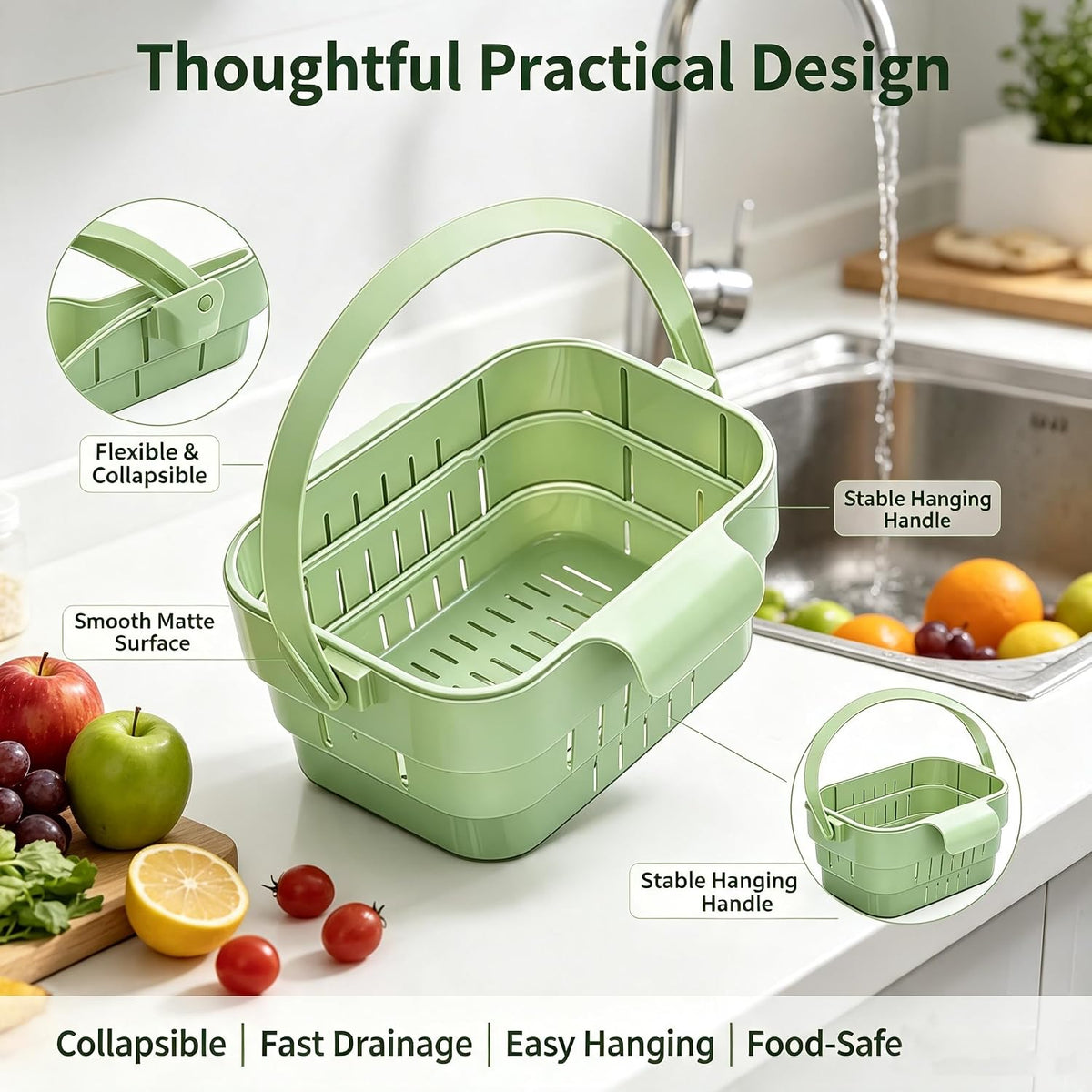 Foldable Hanging Sink Drain Basket, Stretchable Kitchen Colander with Handle, Space Saving Multi-functional Kitchen Storage Basket Draining for Food, Fruits, Vegetables, Utensils(Green)