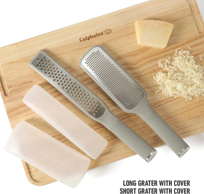 Calphalon Edge 2 Piece Stainless Steel Handheld Cheese Grater and Lemon Zester W/Covers & Rubber Handles - Taupe