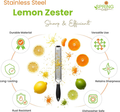 Spring Chef Stainless Steel Lemon Zester - Garlic & Ginger Grater - Black