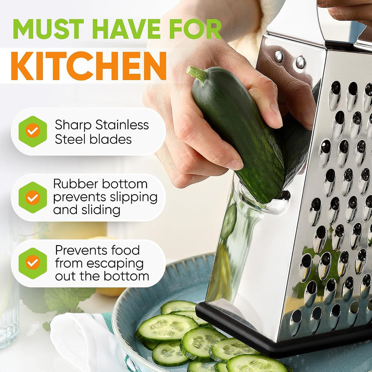 Spring Chef Stainless Steel Cheese Grater, Large Box Grater for Kitchen