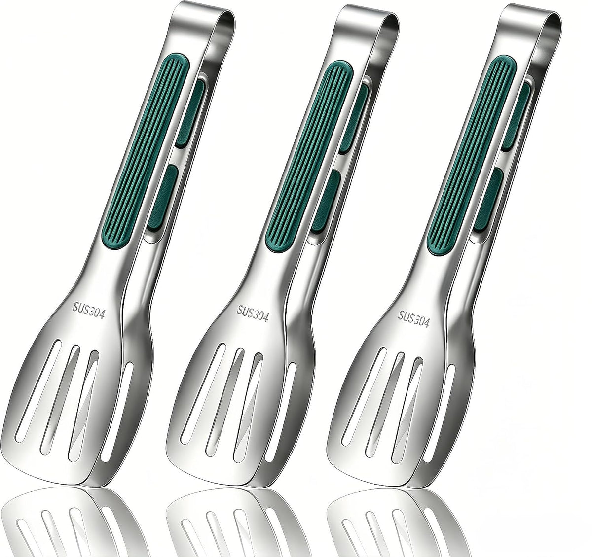 Stainless Steel Kitchen Tong Set - Anti-Slip Heat-Resistant Grip, Widened 3-Line Slotted Heads for Easy Clamping (Steaks, BBQ, Pasta, Salads), Easy Clean for Versatile Use Set of 3-6", Green
