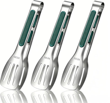 Stainless Steel Kitchen Tong Set - Anti-Slip Heat-Resistant Grip, Widened 3-Line Slotted Heads for Easy Clamping (Steaks, BBQ, Pasta, Salads), Easy Clean for Versatile Use Set of 3-6", Green