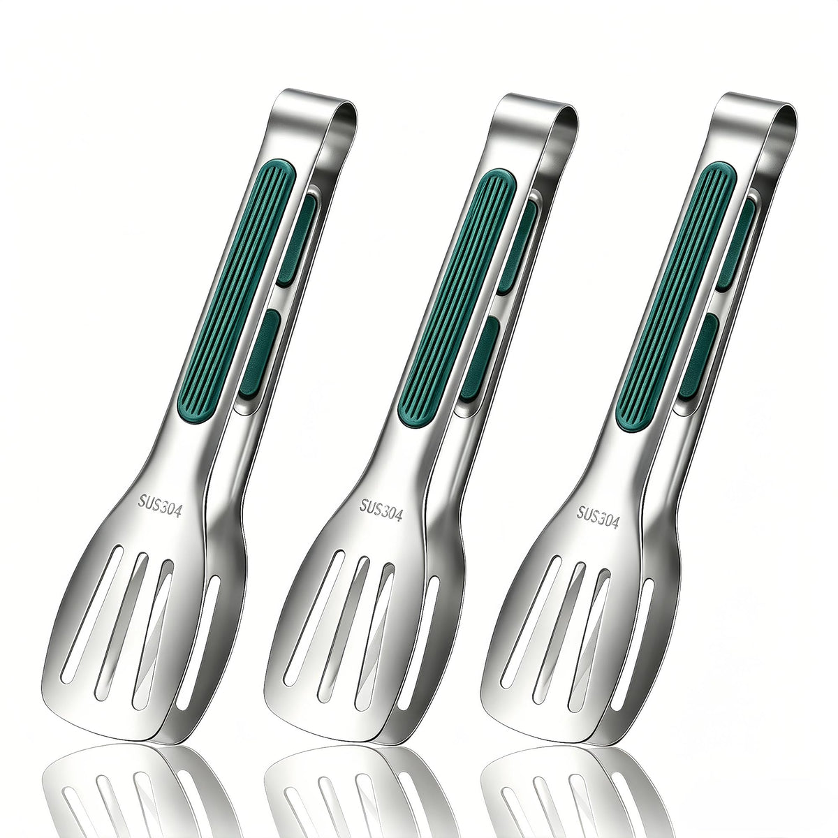 Stainless Steel Kitchen Tong Set - Anti-Slip Heat-Resistant Grip, Widened 3-Line Slotted Heads for Easy Clamping (Steaks, BBQ, Pasta, Salads), Easy Clean for Versatile Use Set of 3-6", Green