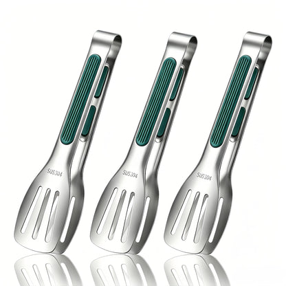 Stainless Steel Kitchen Tong Set - Anti-Slip Heat-Resistant Grip, Widened 3-Line Slotted Heads for Easy Clamping (Steaks, BBQ, Pasta, Salads), Easy Clean for Versatile Use Set of 3-6", Green