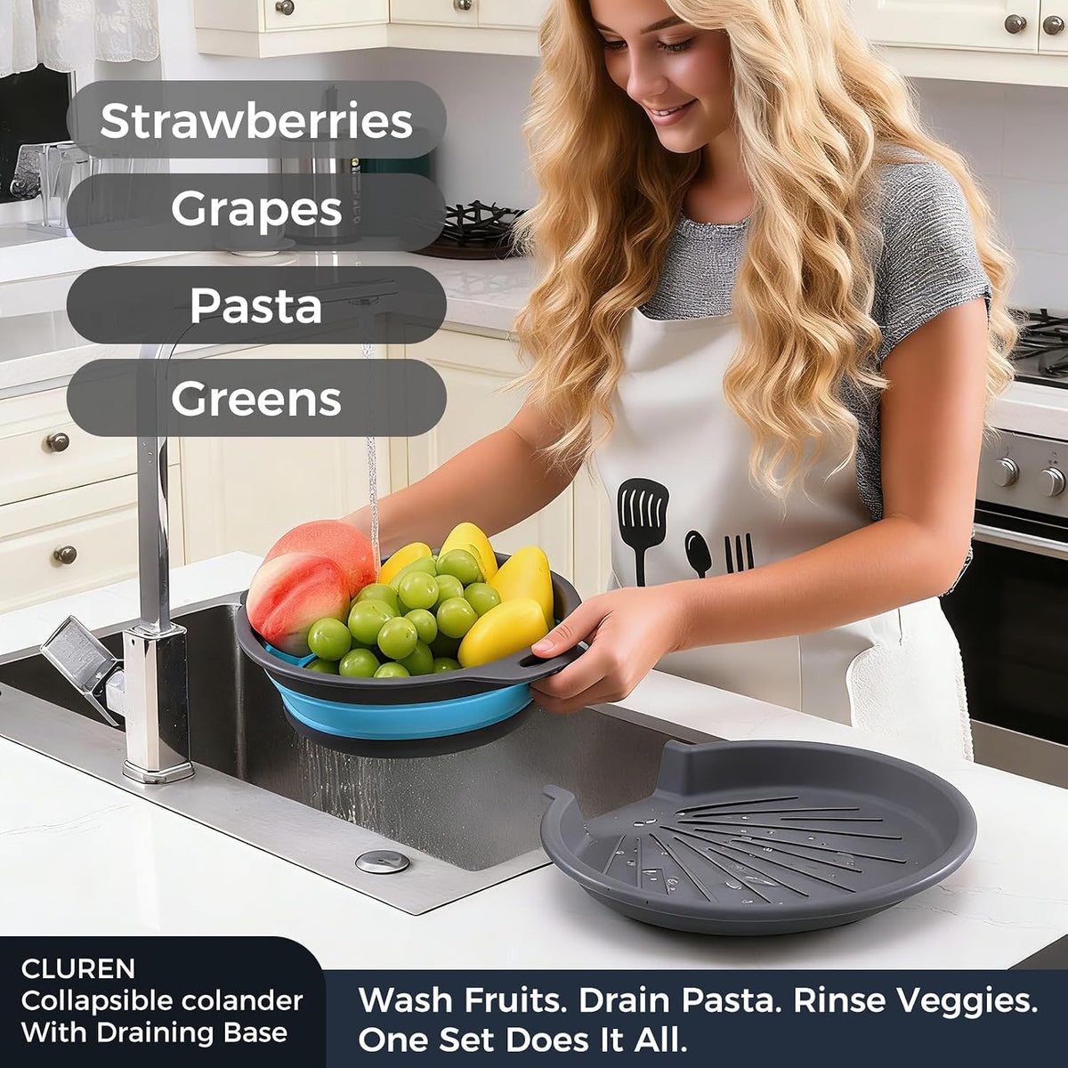 Collapsible Colander Set with Oversized Draining Tray | 3-Pack Foldable Kitchen Strainers + Base | Space Saving for Pasta, Veggies, Fruit & Rice | 5 Colors (Gray-Blue)
