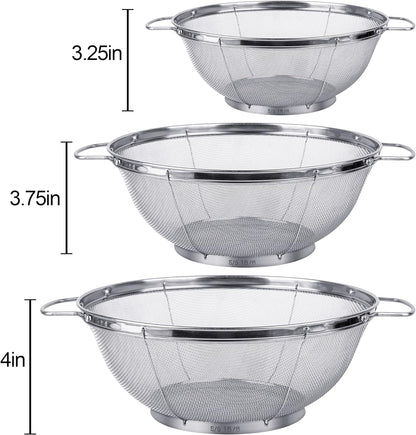 3 Pack 18/8 Stainless Steel Colander Sieves(5-Quart, 4-Quart and 3-Quart), Mesh Strainer Net Baskets with Handles & Resting Base for Strain, Drain, Rinse or Steam