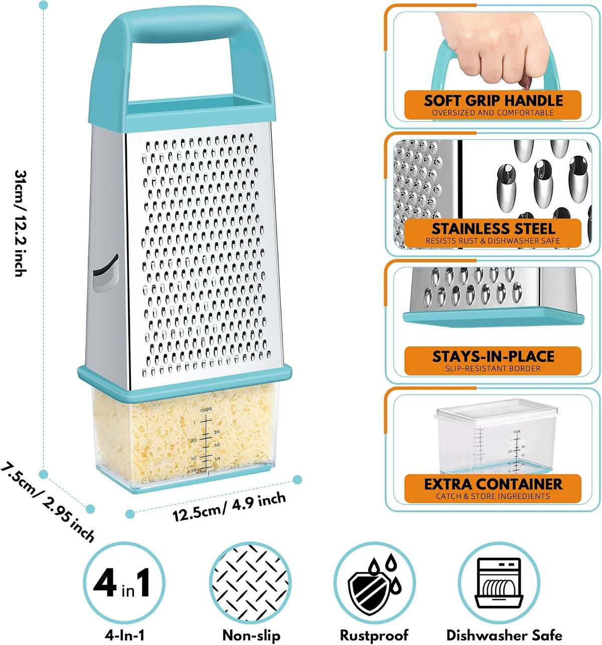 Cheese Grater With Container Box Grater Stainless Steel Kitchen Blue