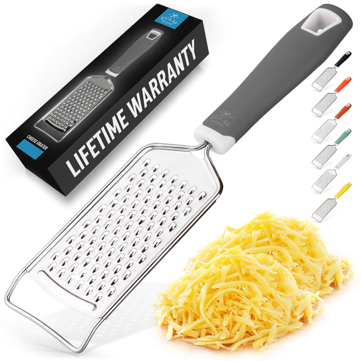 Zulay Kitchen Professional Cheese Grater Stainless Steel - Durable Rust-Proof Metal Lemon Zester Grater With Handle - Flat Handheld Grater For Cheese, Chocolate, Spices, And More - Black